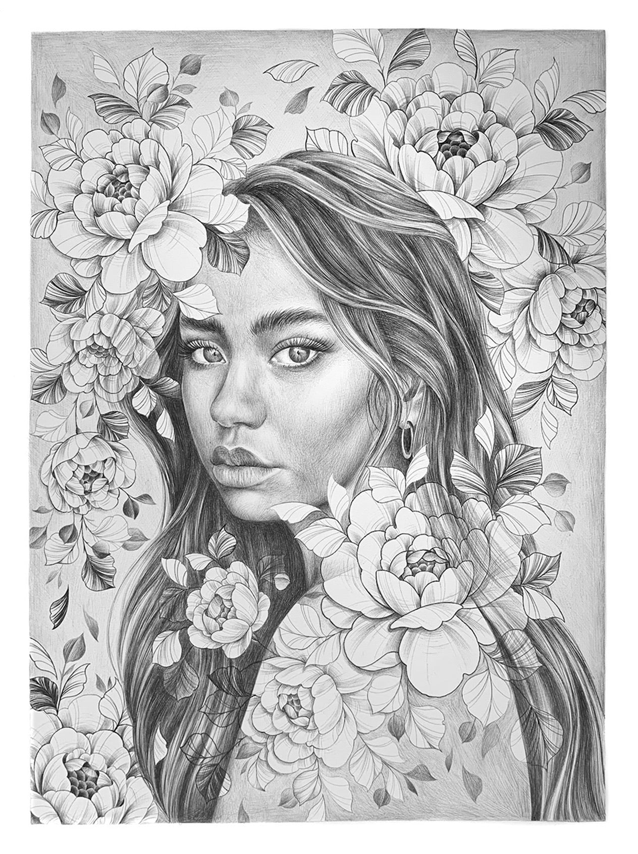A3 Floral portrait biro print
